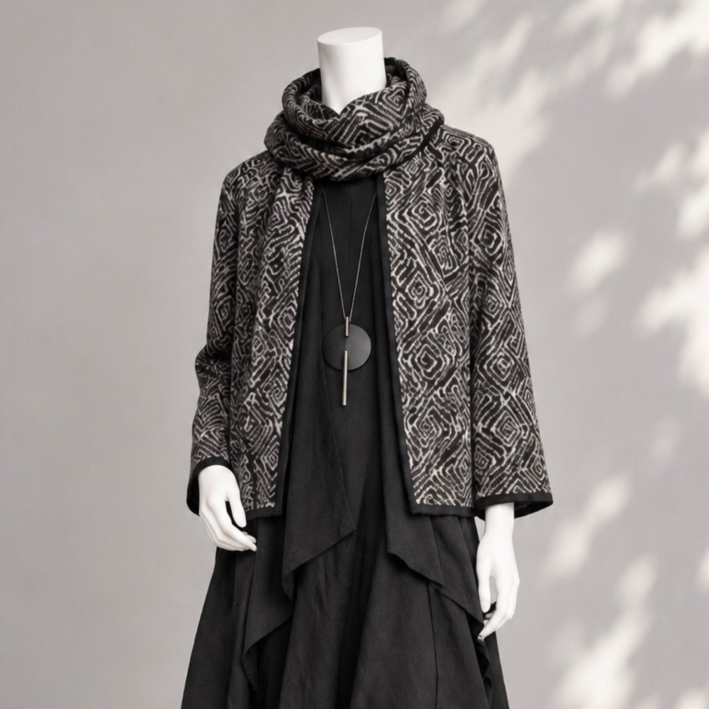 St. John Collection Brown Geometric Knit Scarf Cardigan Jacket Small